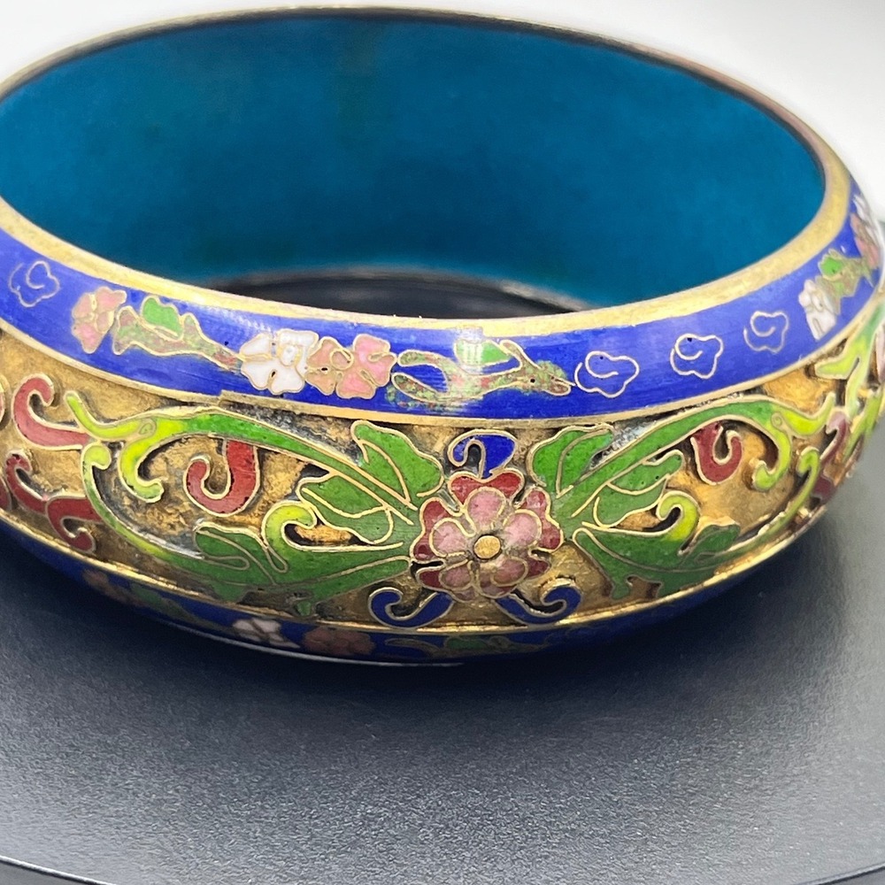 Vintage Enamel Cloisonne WideFlower‎ Bangle 3-D Etched Bracelet Blue Green